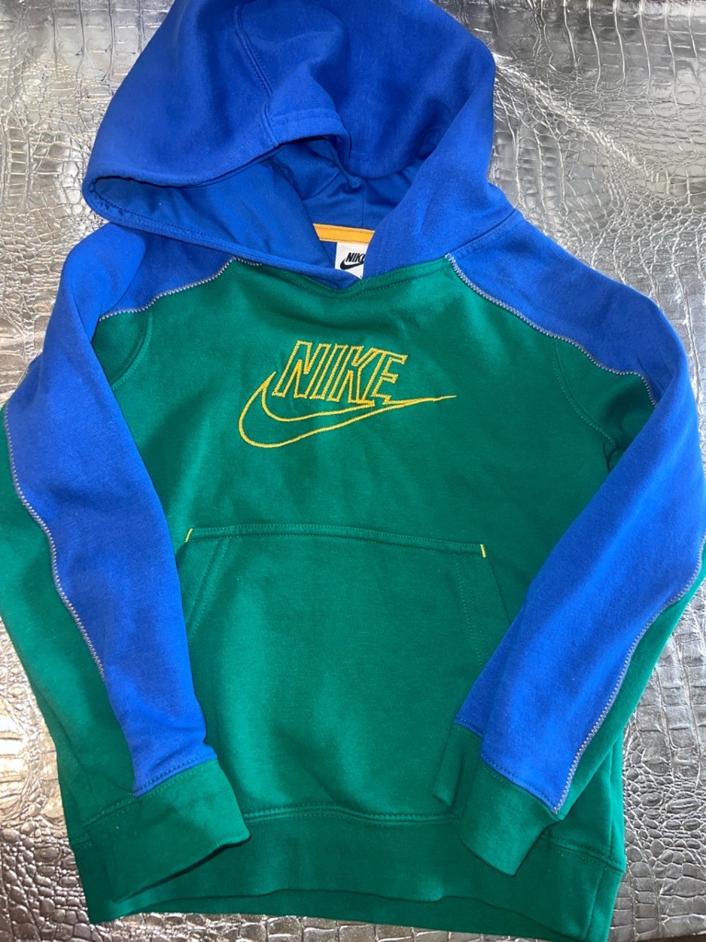 Nike Green and Blue Pullover Hoodie with Yellow Logo